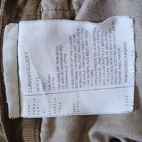 Current Elliott olive green corduroy boyfriend jeans size 25 - Picture 4 of 10